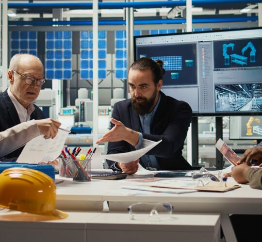 Engineers study detailed schematics of solar panel assembly lines in factory